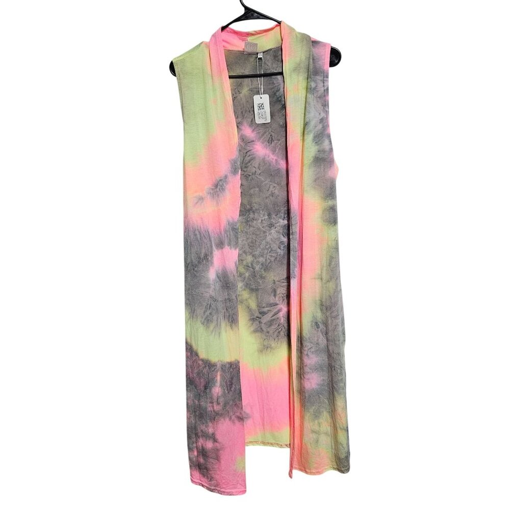 Tie Dye Sleeveless Open Front Long Vest Cardigan Womens Size O/S Retro Boho